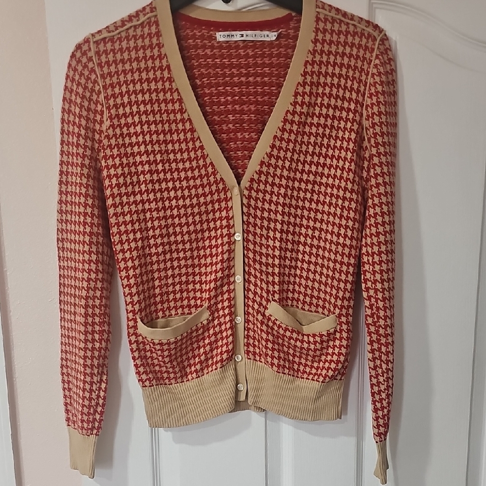 5/$40 Tommy Hilfiger Red and Tan Cardigan
